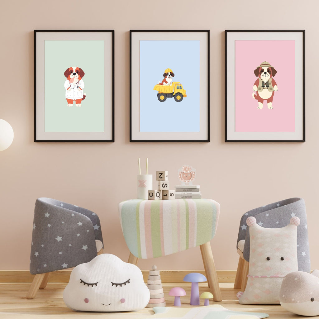Saint Bernard Kids Nursery Wall Art Print Bundle — 22 Dog Costume Designs, 5 Colours, 6 Print Sizes | Digital Download