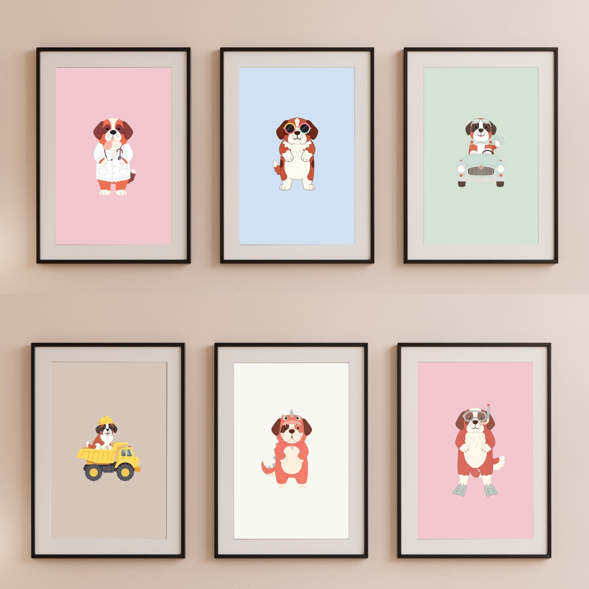 Saint Bernard Kids Nursery Wall Art Print Bundle — 22 Dog Costume Designs, 5 Colours, 6 Print Sizes | Digital Download