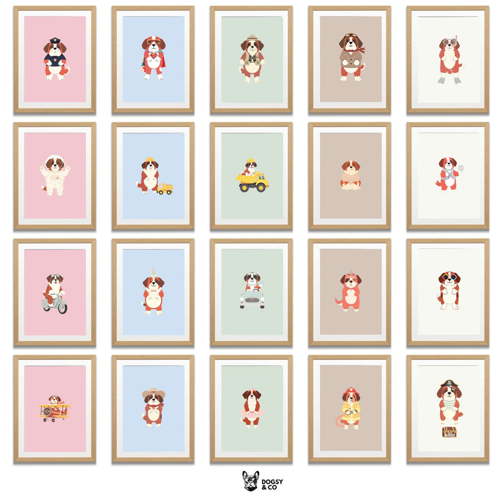 Saint Bernard Kids Nursery Wall Art Print Bundle — 22 Dog Costume Designs, 5 Colours, 6 Print Sizes | Digital Download