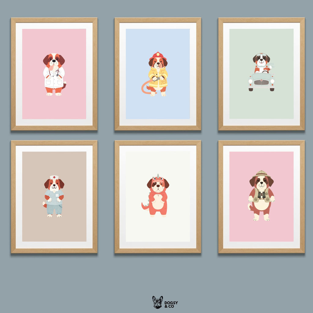 Saint Bernard Kids Nursery Wall Art Print Bundle — 22 Dog Costume Designs, 5 Colours, 6 Print Sizes | Digital Download