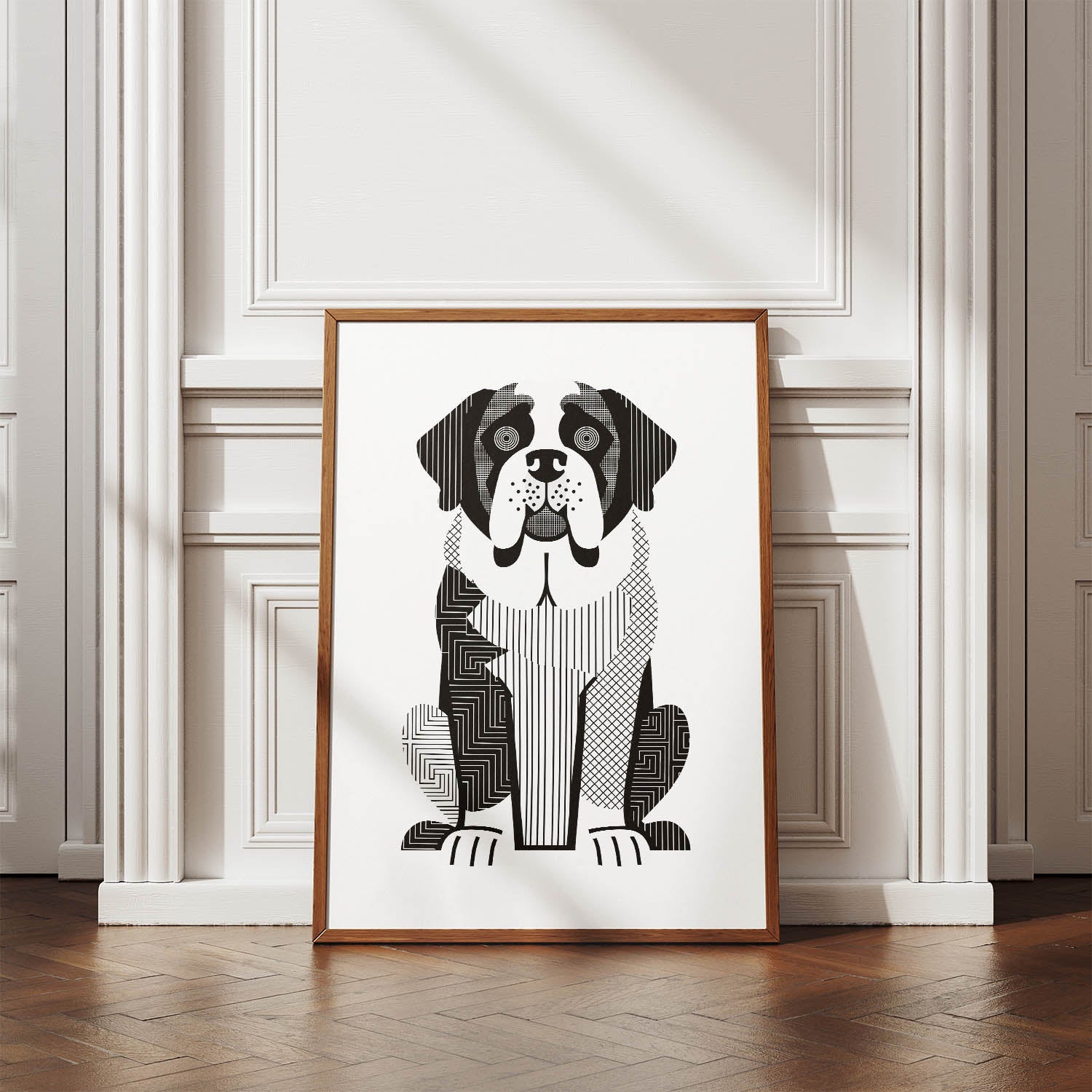 Saint Bernard Geometric Line Art Print - Framed Mockup