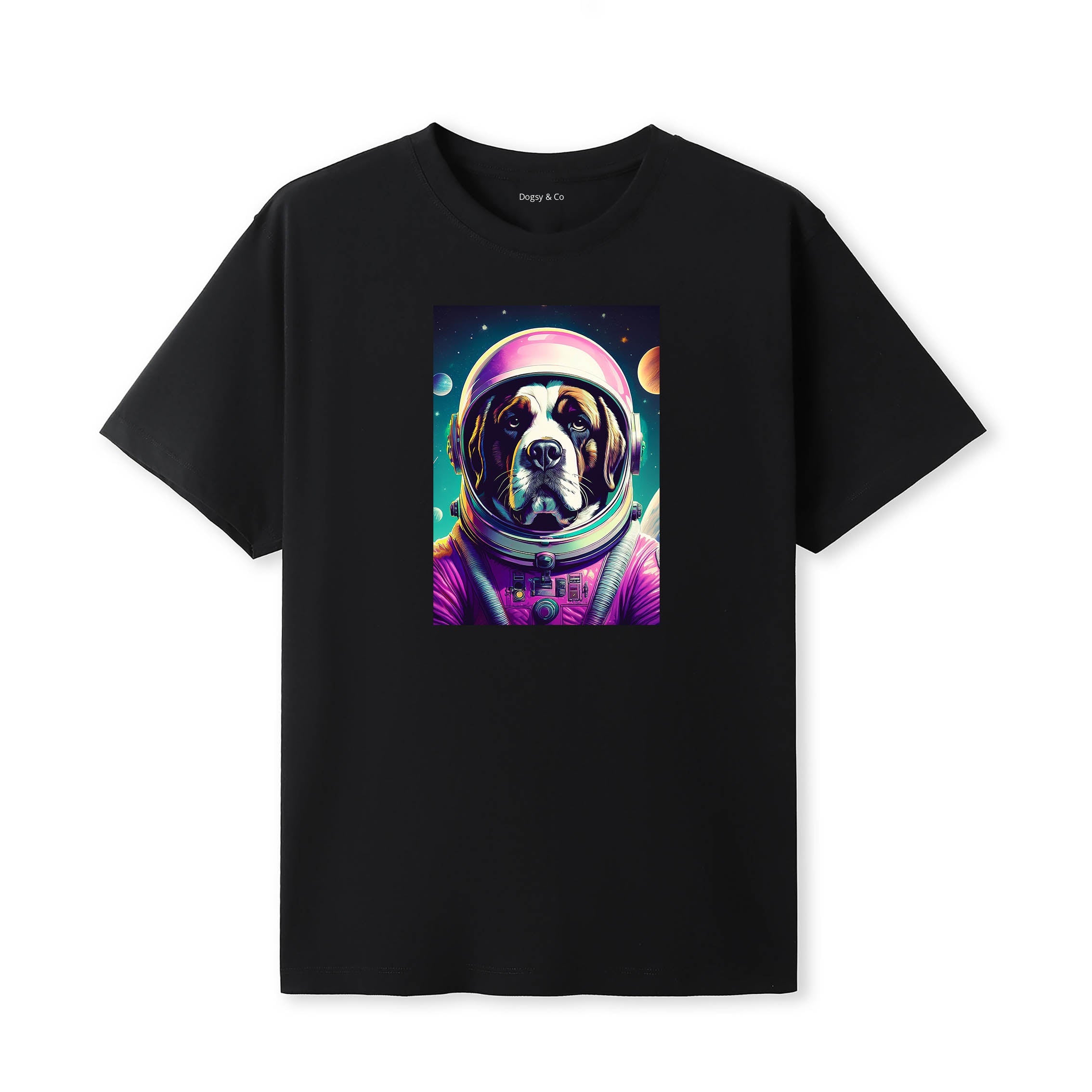 Saint Bernard Space Dogs T-Shirt colourful astronaut dog artwork in a retro space design