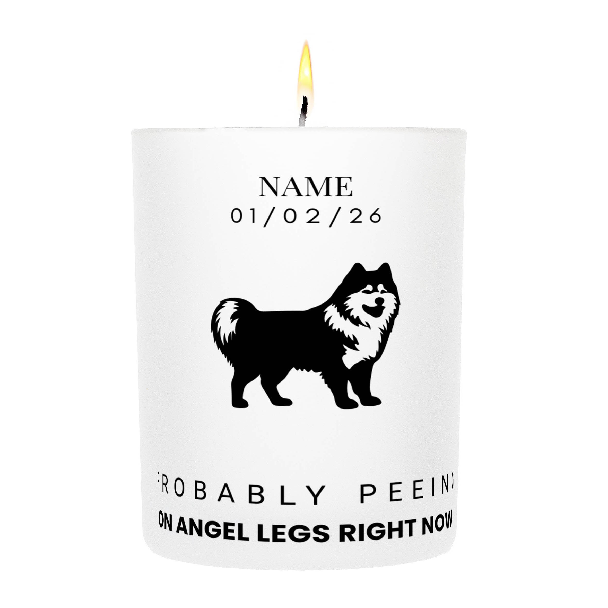 Samoyed – Probably Peeing on Angel Legs Right Now Custom Candle
