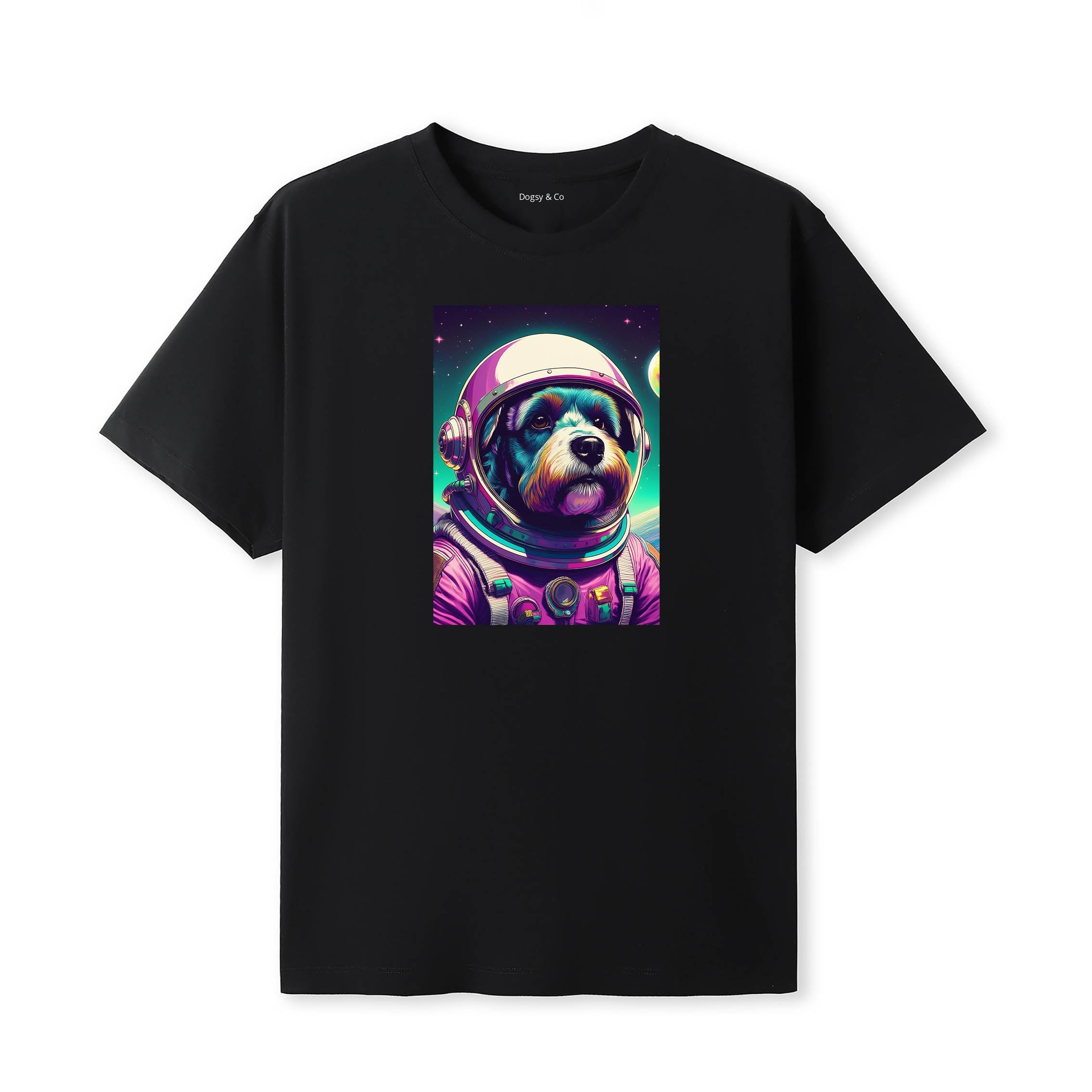 Schnauzer Space Dogs T-Shirt colourful astronaut dog artwork in a retro space design