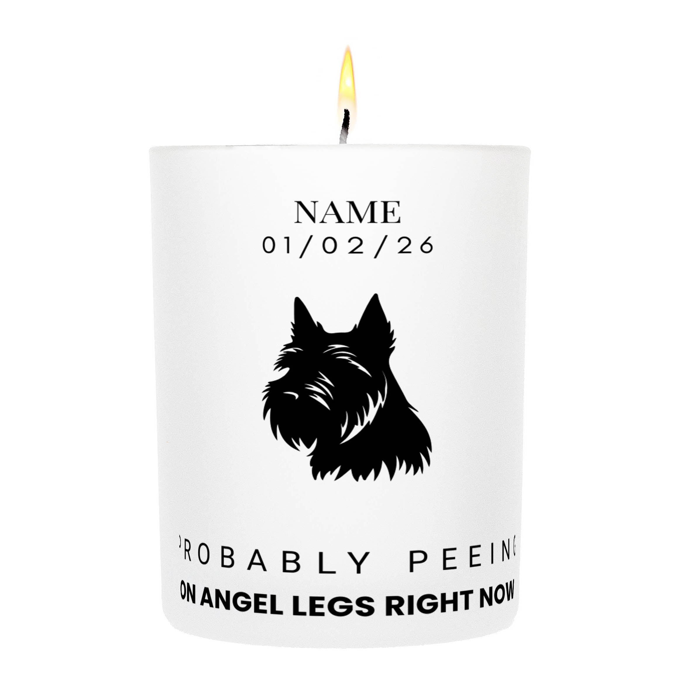 Scottish Terrier – Probably Peeing on Angel Legs Right Now Custom Candle