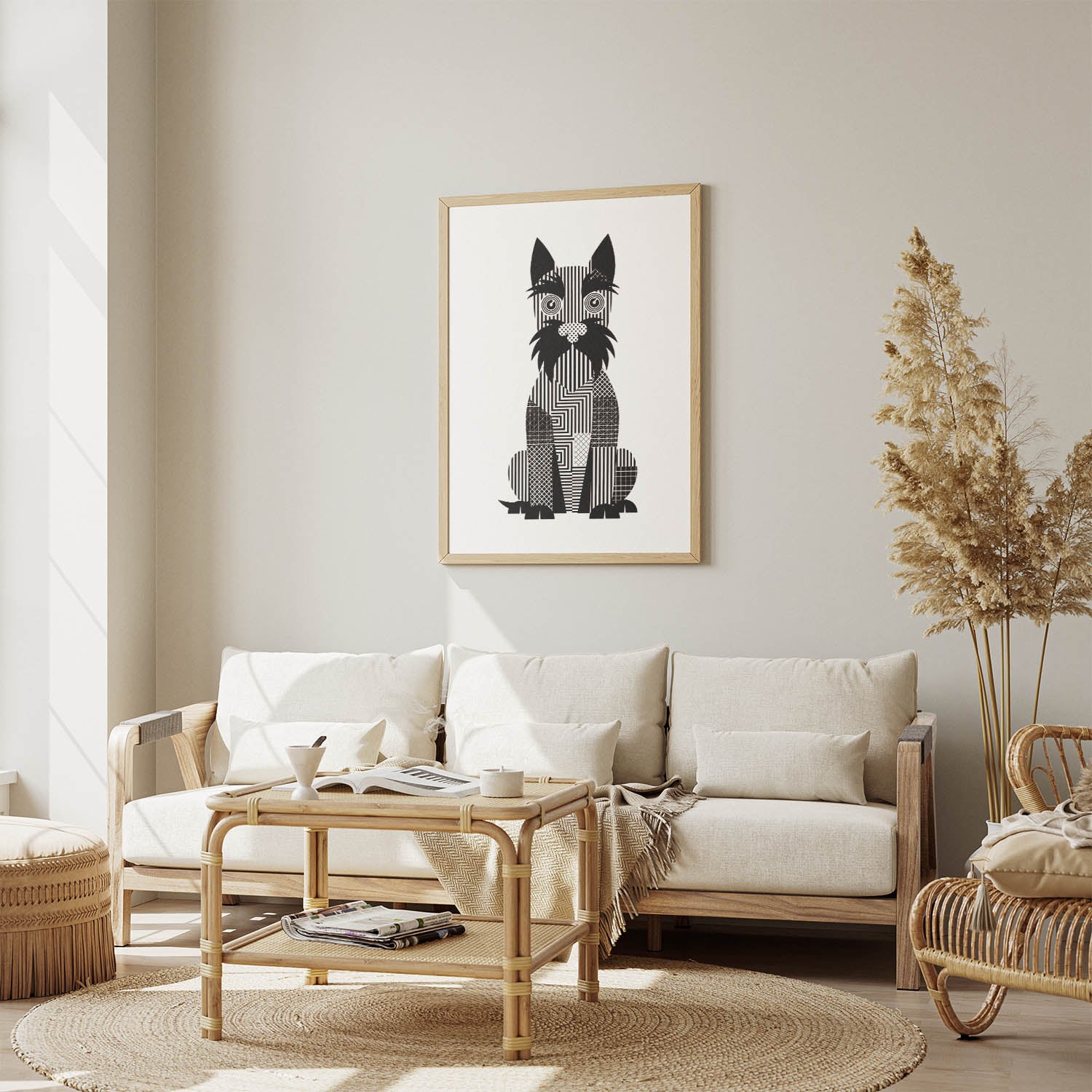 Scottish Terrier Geometric Line Art Print - Framed Mockup