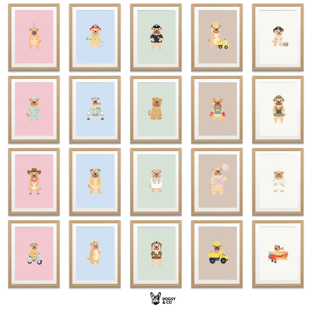 Shar Pei Kids Nursery Wall Art Print Bundle — 22 Dog Costume Designs, 5 Colours, 6 Print Sizes | Digital Download