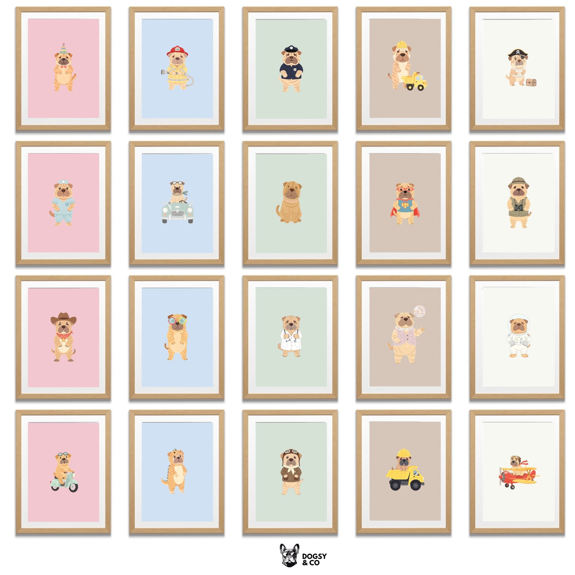 Shar Pei Kids Nursery Wall Art Print Bundle — 22 Dog Costume Designs, 5 Colours, 6 Print Sizes | Digital Download