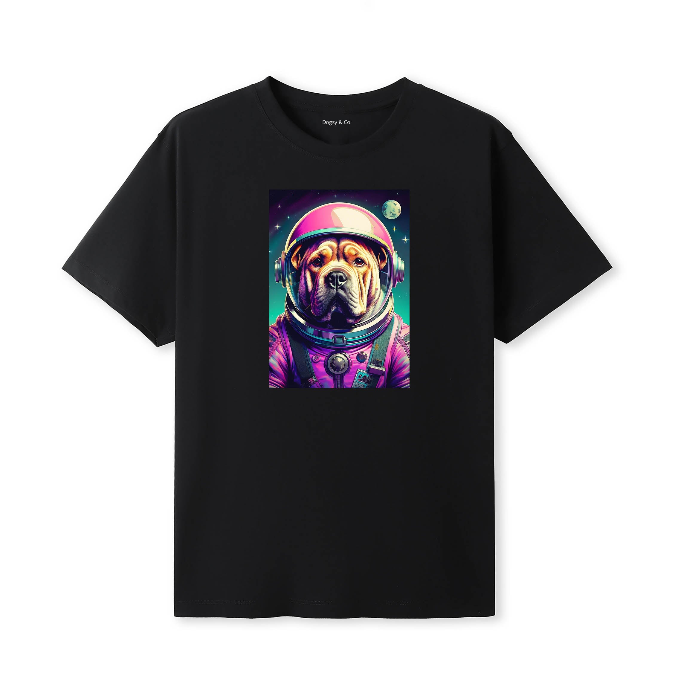 Shar Pei Space Dogs T-Shirt colourful astronaut dog artwork in a retro space design