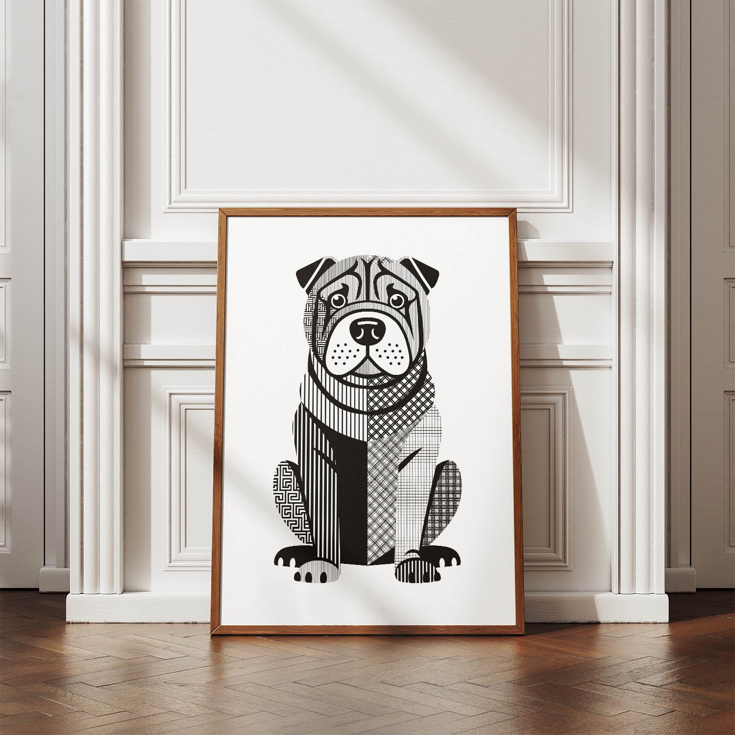 Shar Pei Geometric Line Art Print - Framed Mockup