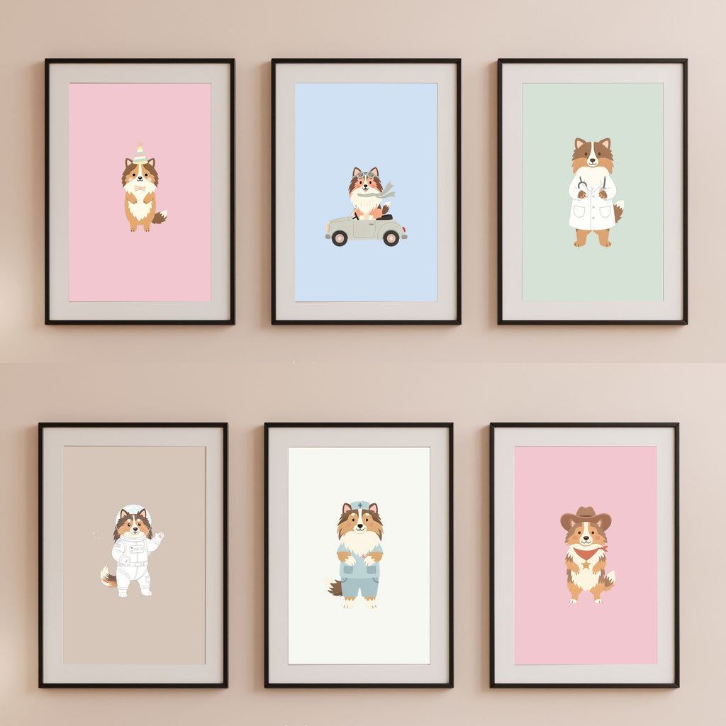 Shetland Sheepdog Kids Nursery Wall Art Print Bundle — 22 Dog Costume Designs, 5 Colours, 6 Print Sizes | Digital Download
