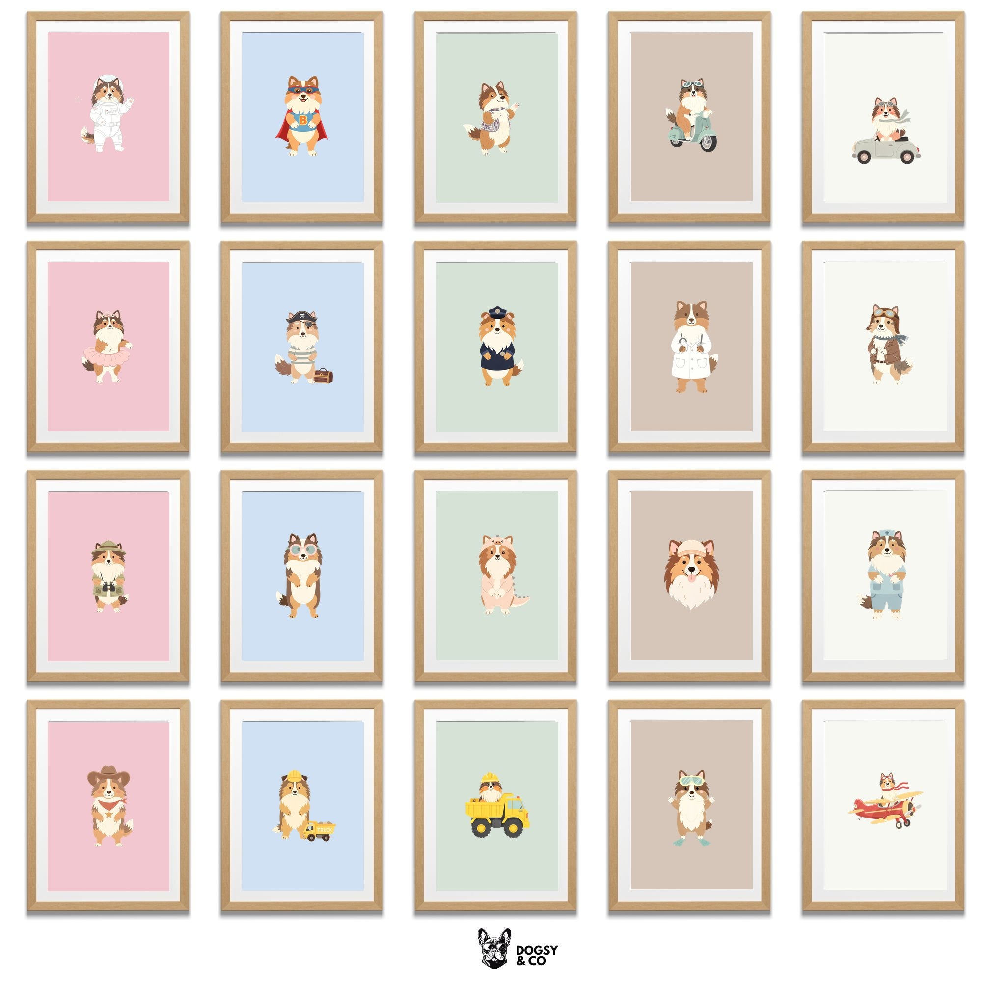 Shetland Sheepdog Kids Nursery Wall Art Print Bundle — 22 Dog Costume Designs, 5 Colours, 6 Print Sizes | Digital Download