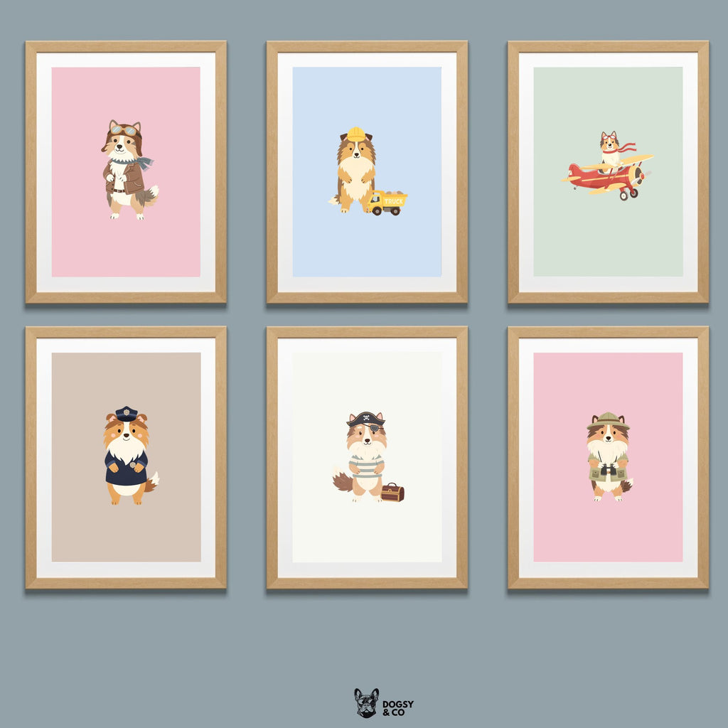 Shetland Sheepdog Kids Nursery Wall Art Print Bundle — 22 Dog Costume Designs, 5 Colours, 6 Print Sizes | Digital Download