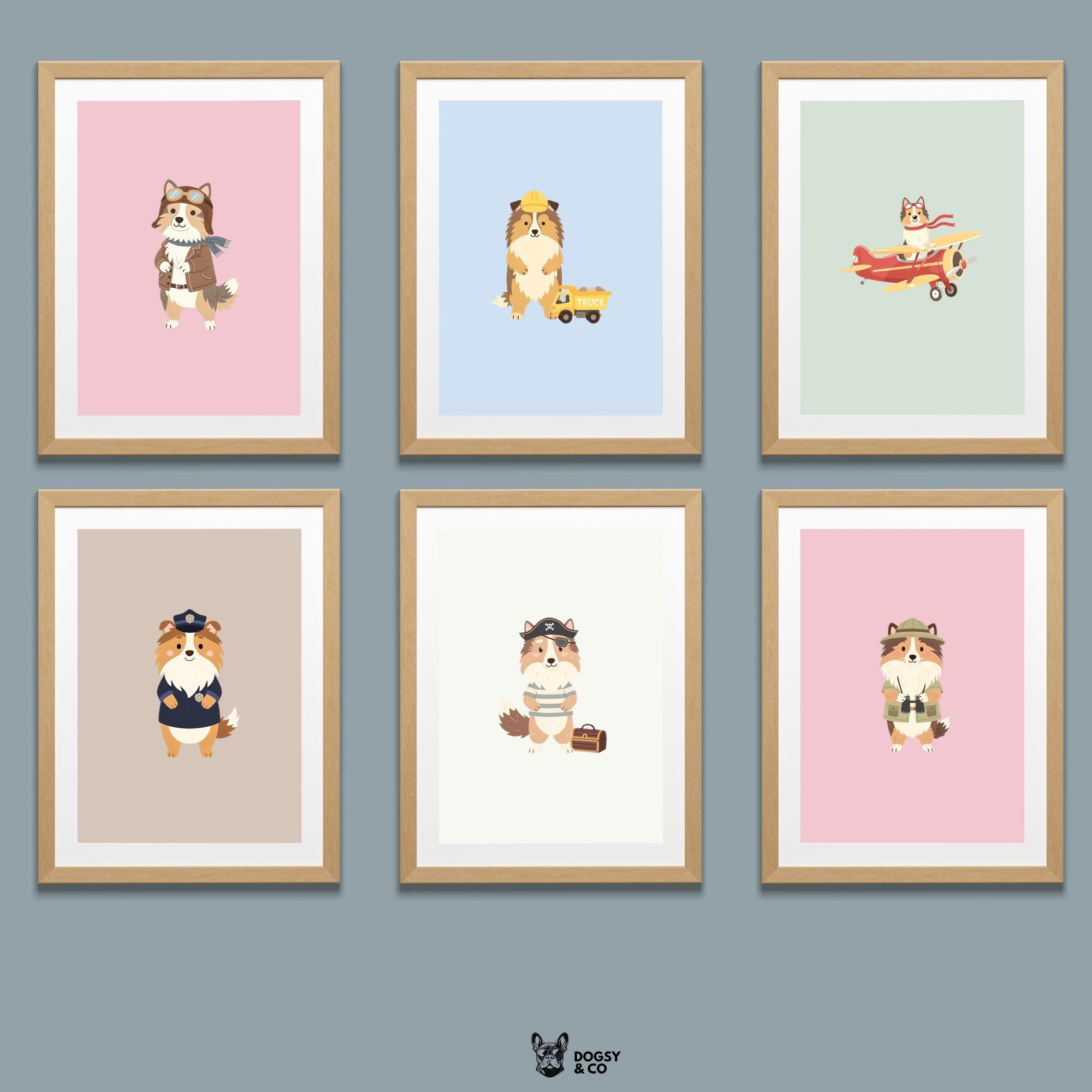 Shetland Sheepdog Kids Nursery Wall Art Print Bundle — 22 Dog Costume Designs, 5 Colours, 6 Print Sizes | Digital Download
