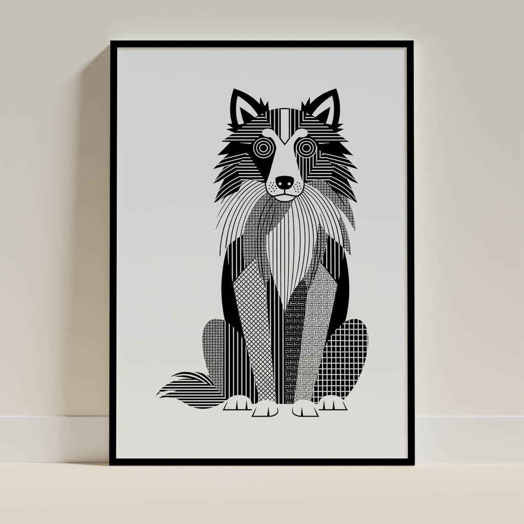 Shetland Sheepdog Geometric Line Art - Black Frame Mockup