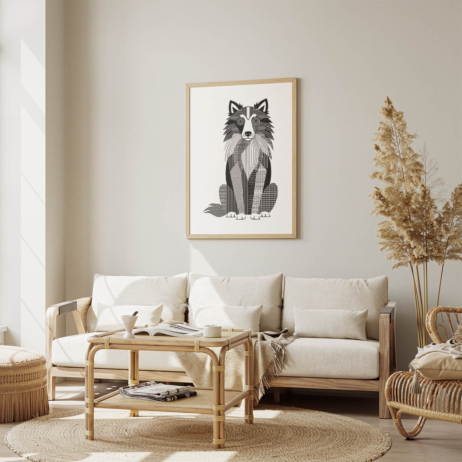 Shetland Sheepdog Geometric Line Art Print - Framed Mockup