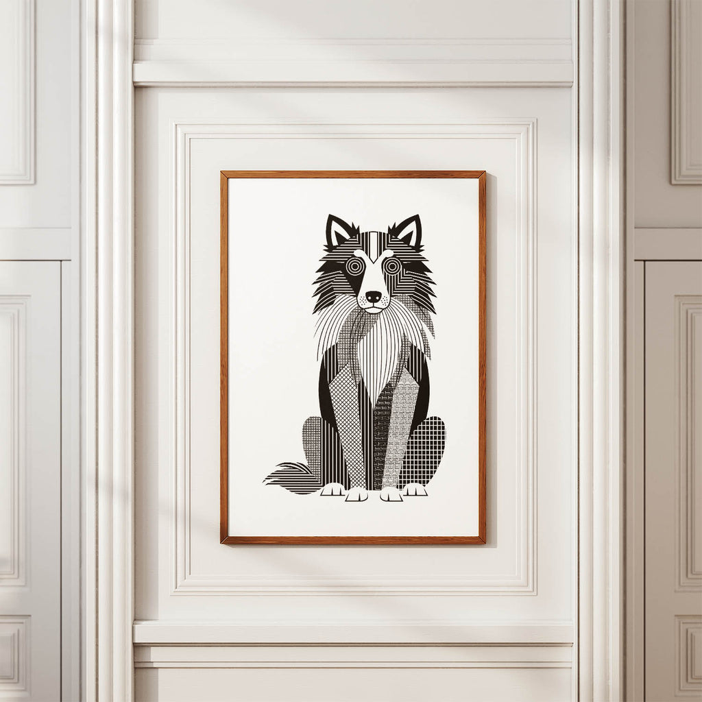 Shetland Sheepdog Geometric Line Art Print - Framed Mockup