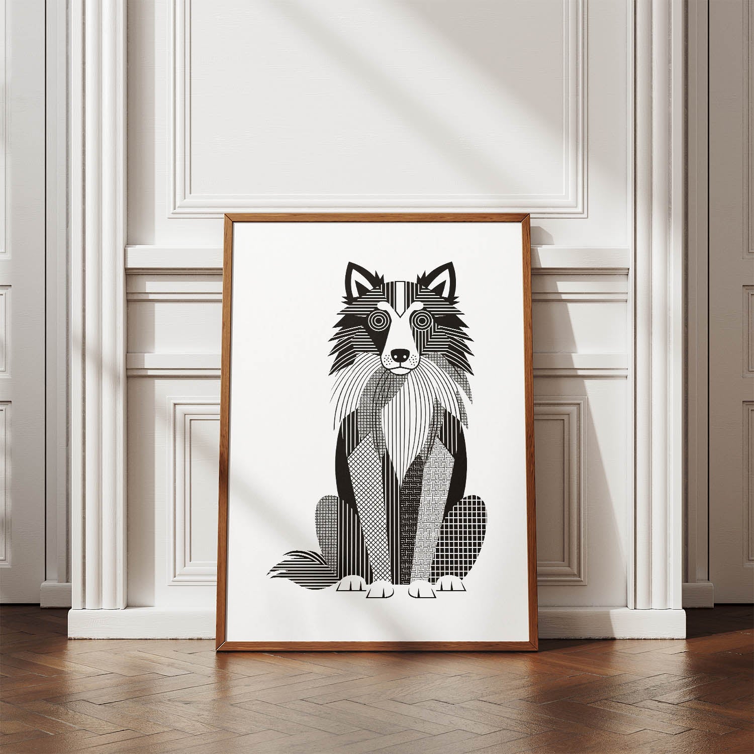 Shetland Sheepdog Geometric Line Art Print - Framed Mockup