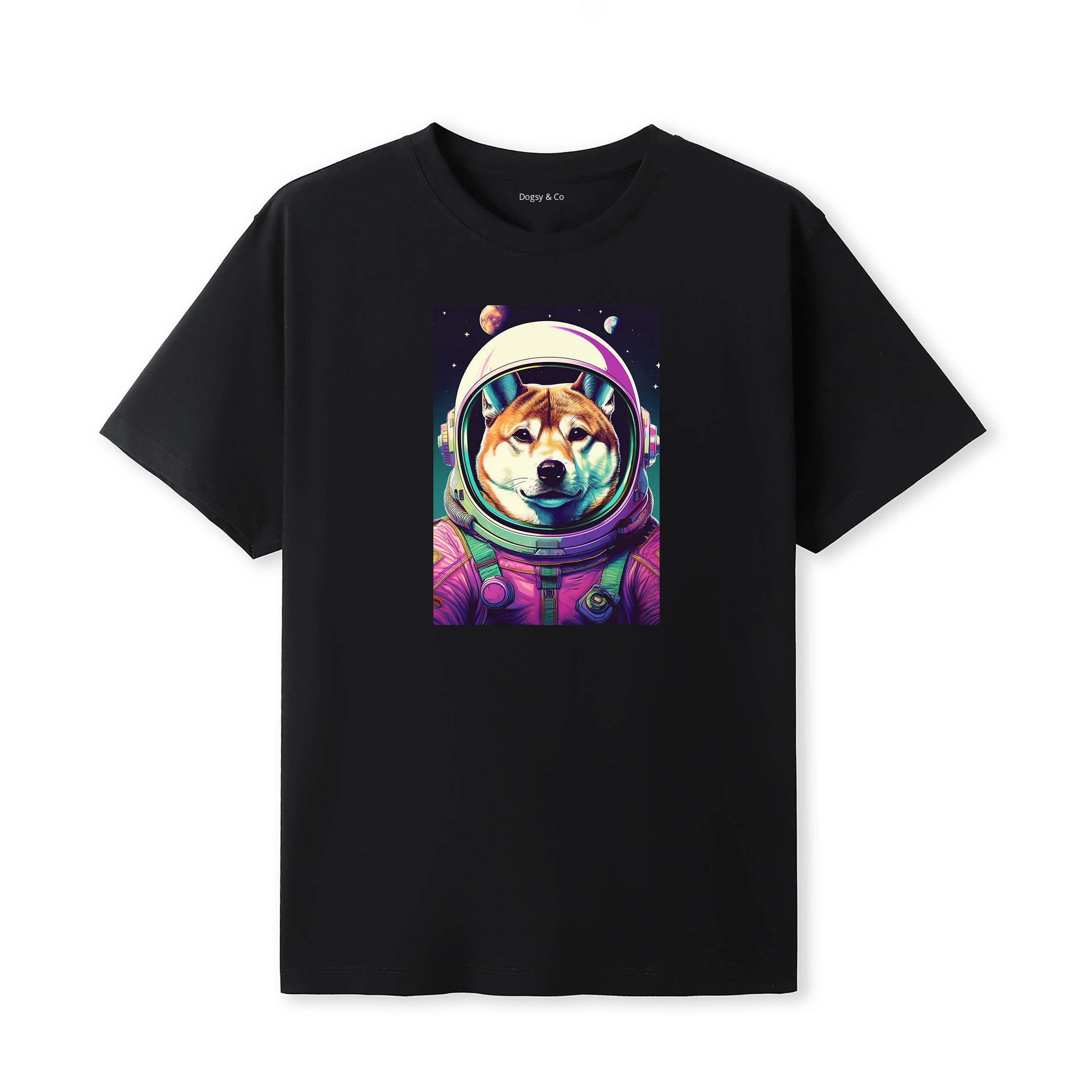 Shiba Space Dogs T-Shirt colourful astronaut dog artwork in a retro space design