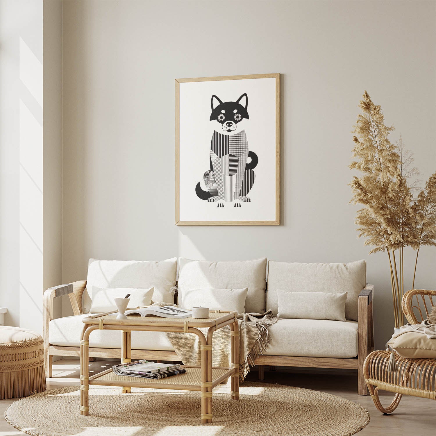 Shiba Inu Geometric Line Art Print - Framed Mockup