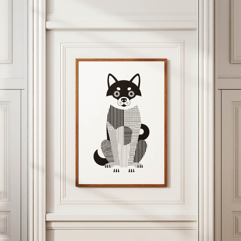 Shiba Inu Geometric Line Art Print - Framed Mockup