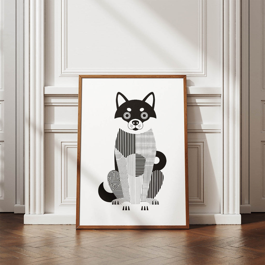 Shiba Inu Geometric Line Art Print - Framed Mockup
