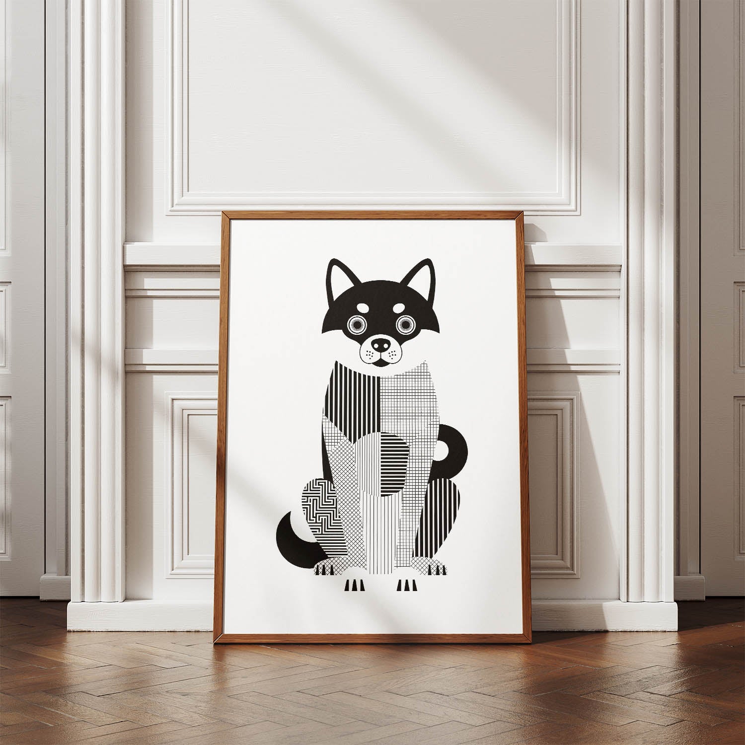 Shiba Inu Geometric Line Art Print - Framed Mockup