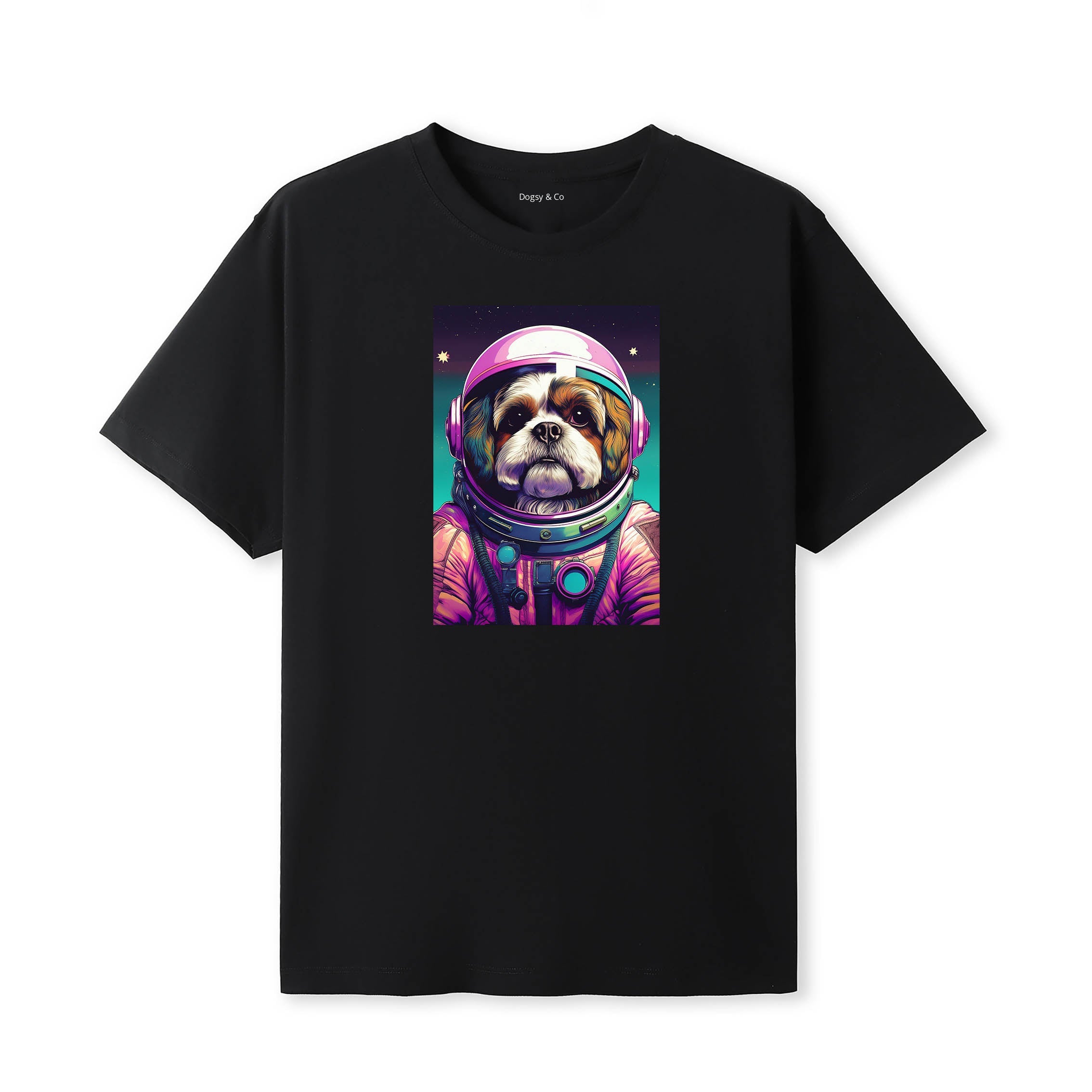 Shih Tzu Space Dogs T-Shirt colourful astronaut dog artwork in a retro space design