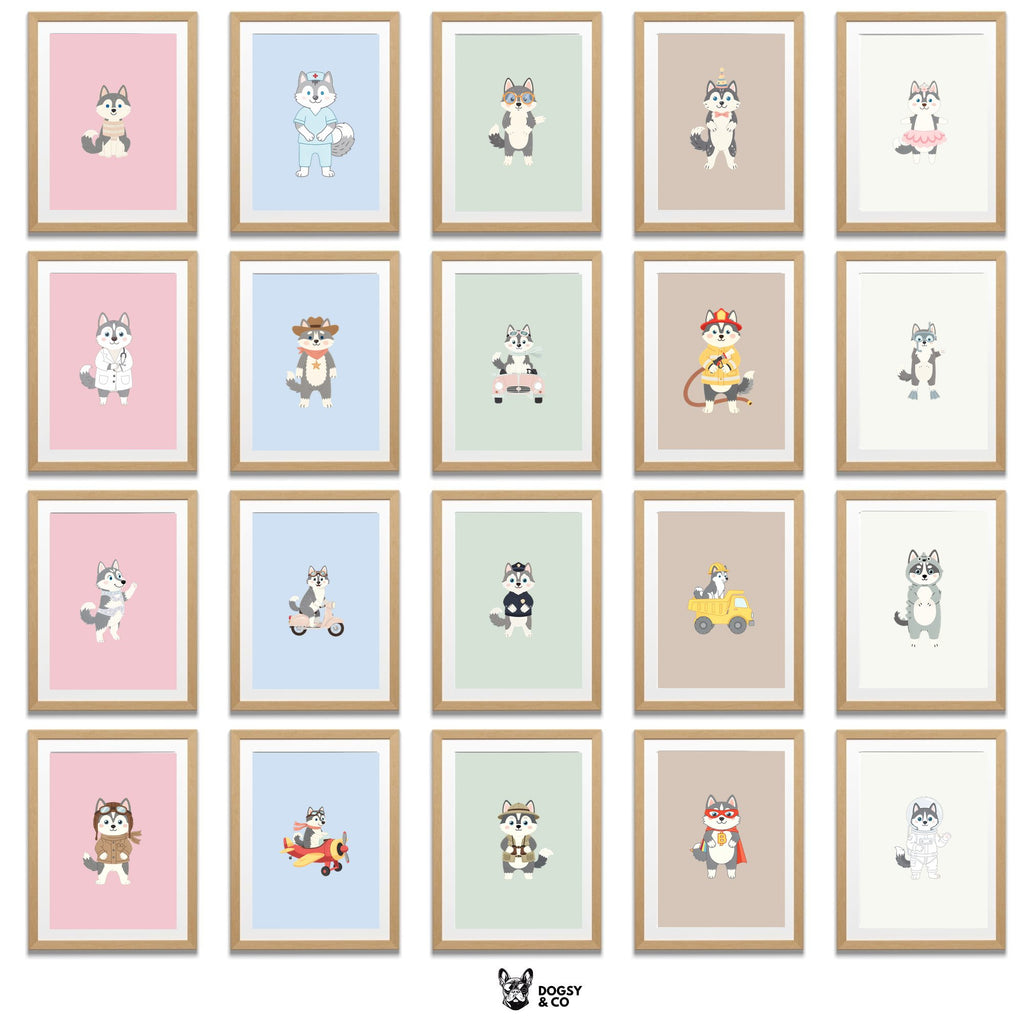 Siberian Husky Kids Nursery Wall Art Print Bundle — 22 Dog Costume Designs, 5 Colours, 6 Print Sizes | Digital Download
