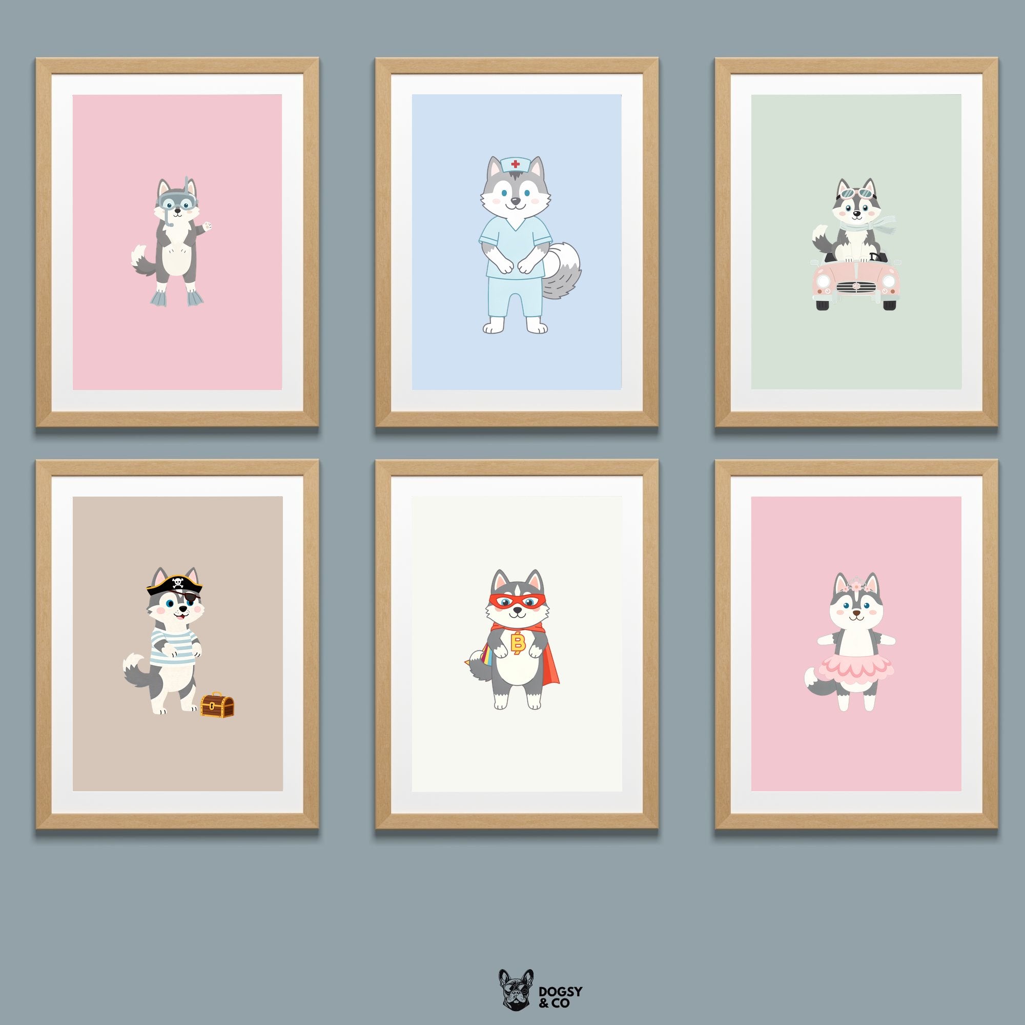 Siberian Husky Kids Nursery Wall Art Print Bundle — 22 Dog Costume Designs, 5 Colours, 6 Print Sizes | Digital Download