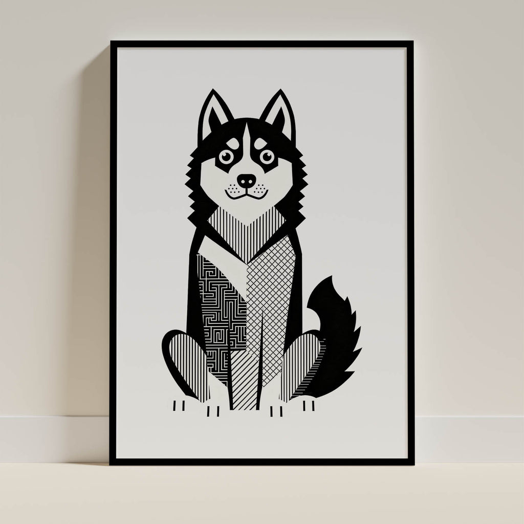 Siberian Husky Geometric Line Art Print - Framed Mockup