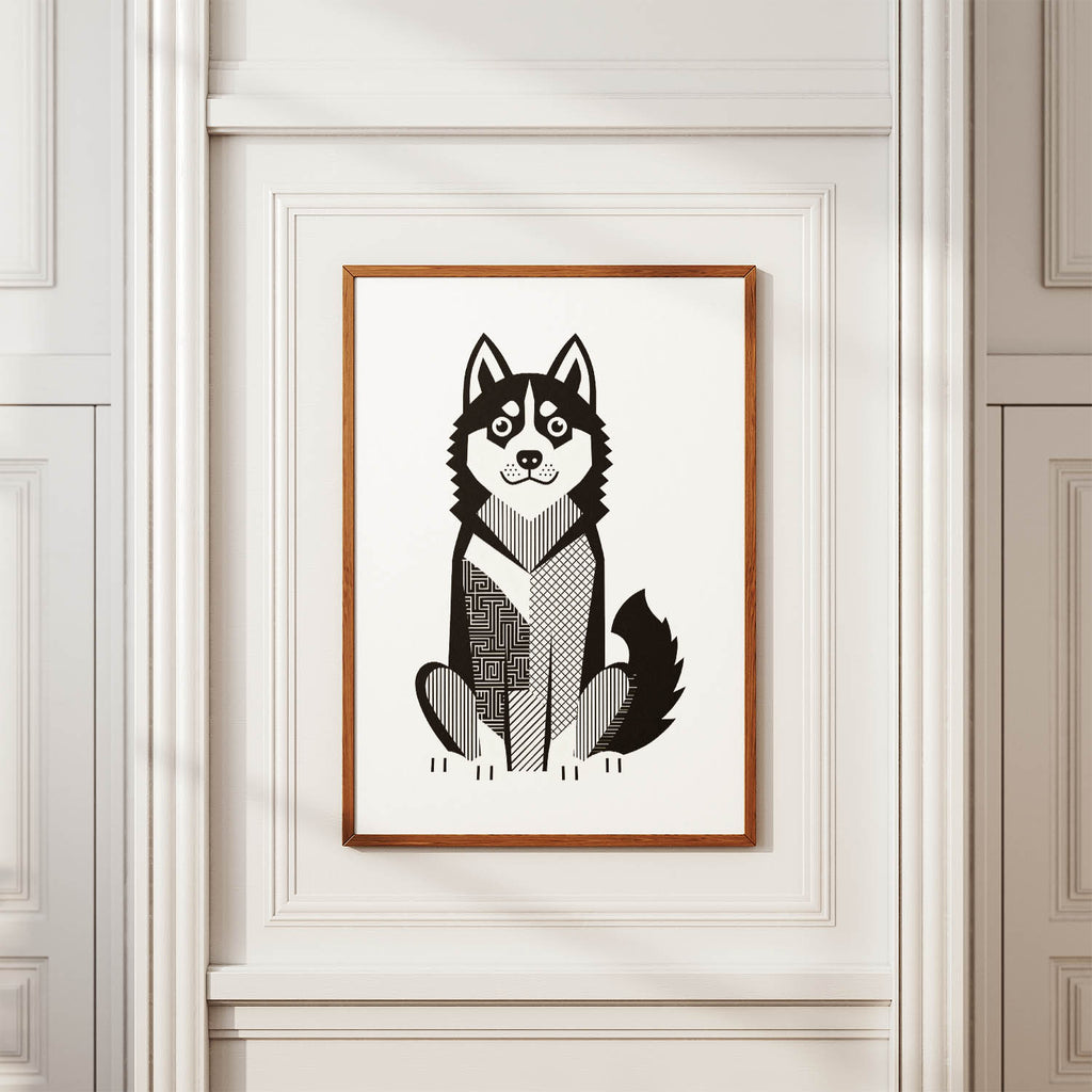Siberian Husky Geometric Line Art Print - Framed Mockup
