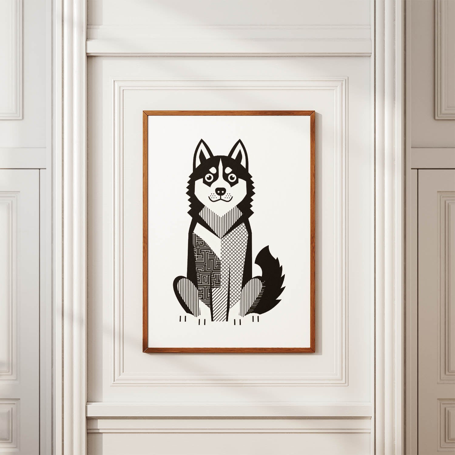 Siberian Husky Geometric Line Art Print - Framed Mockup