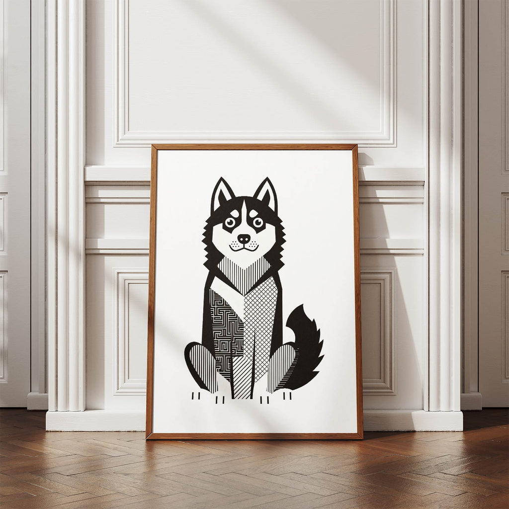 Siberian Husky Geometric Line Art Print - Framed Mockup