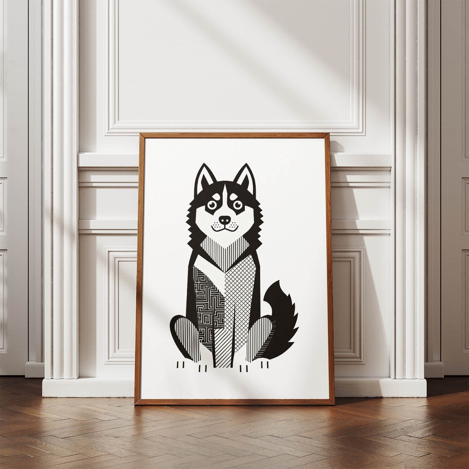 Siberian Husky Geometric Line Art Print - Framed Mockup