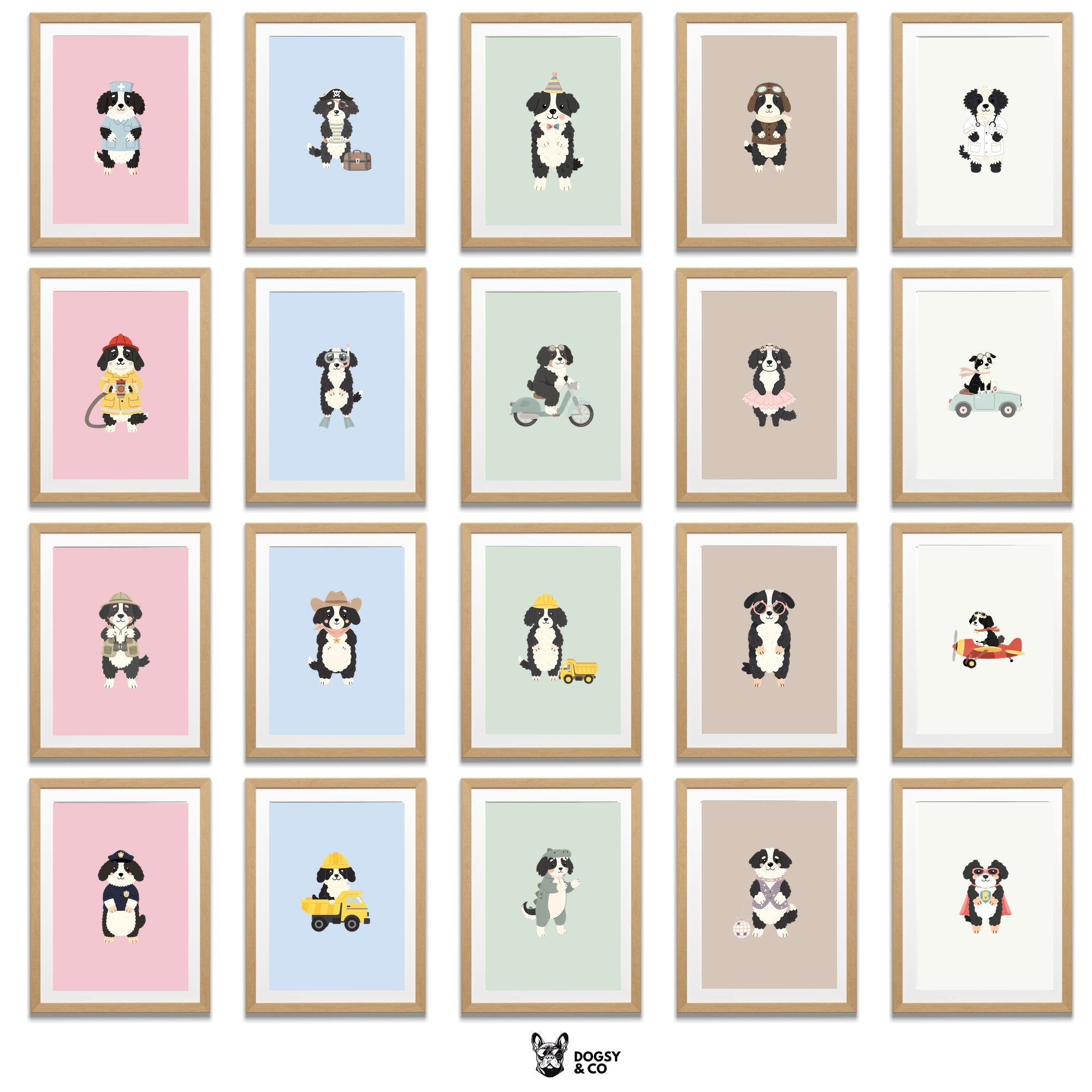 Smithfield Sheepdog Kids Nursery Wall Art Print Bundle — 22 Dog Costume Designs, 5 Colours, 6 Print Sizes | Digital Download