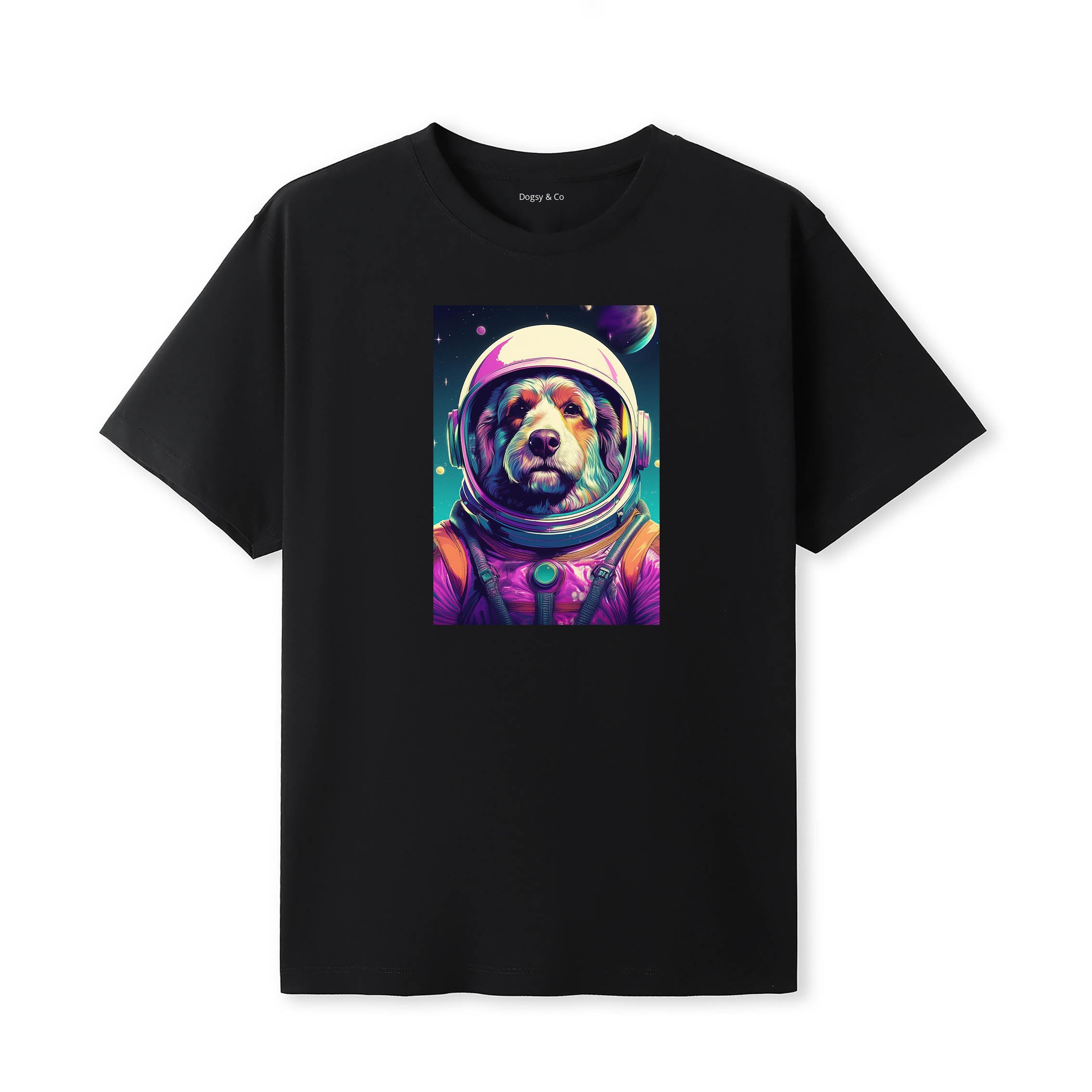 Smithfield Sheepdog Space Dogs T-Shirt colourful astronaut dog artwork in a retro space design