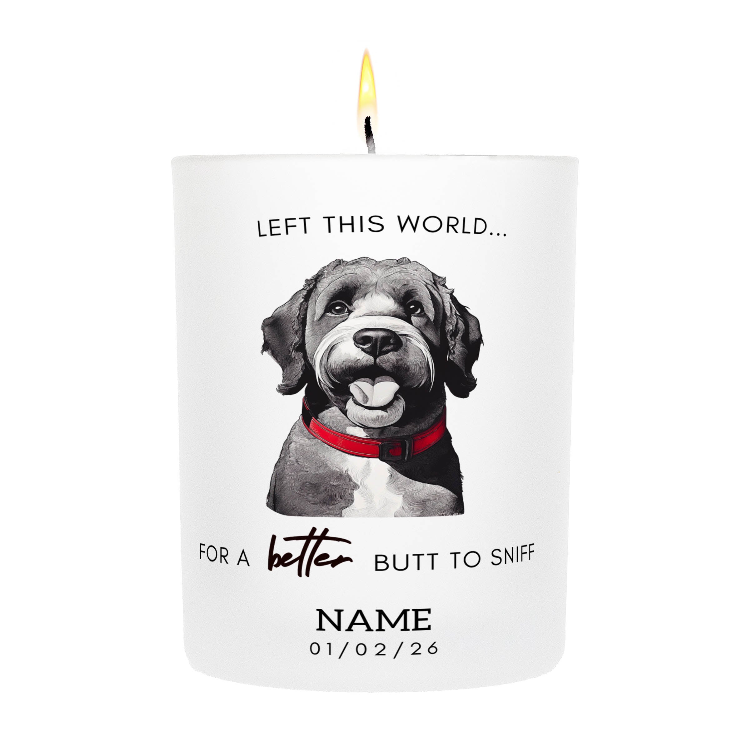 Spanish Water Dog in Memory Better Butt To Sniff Custom Candle.