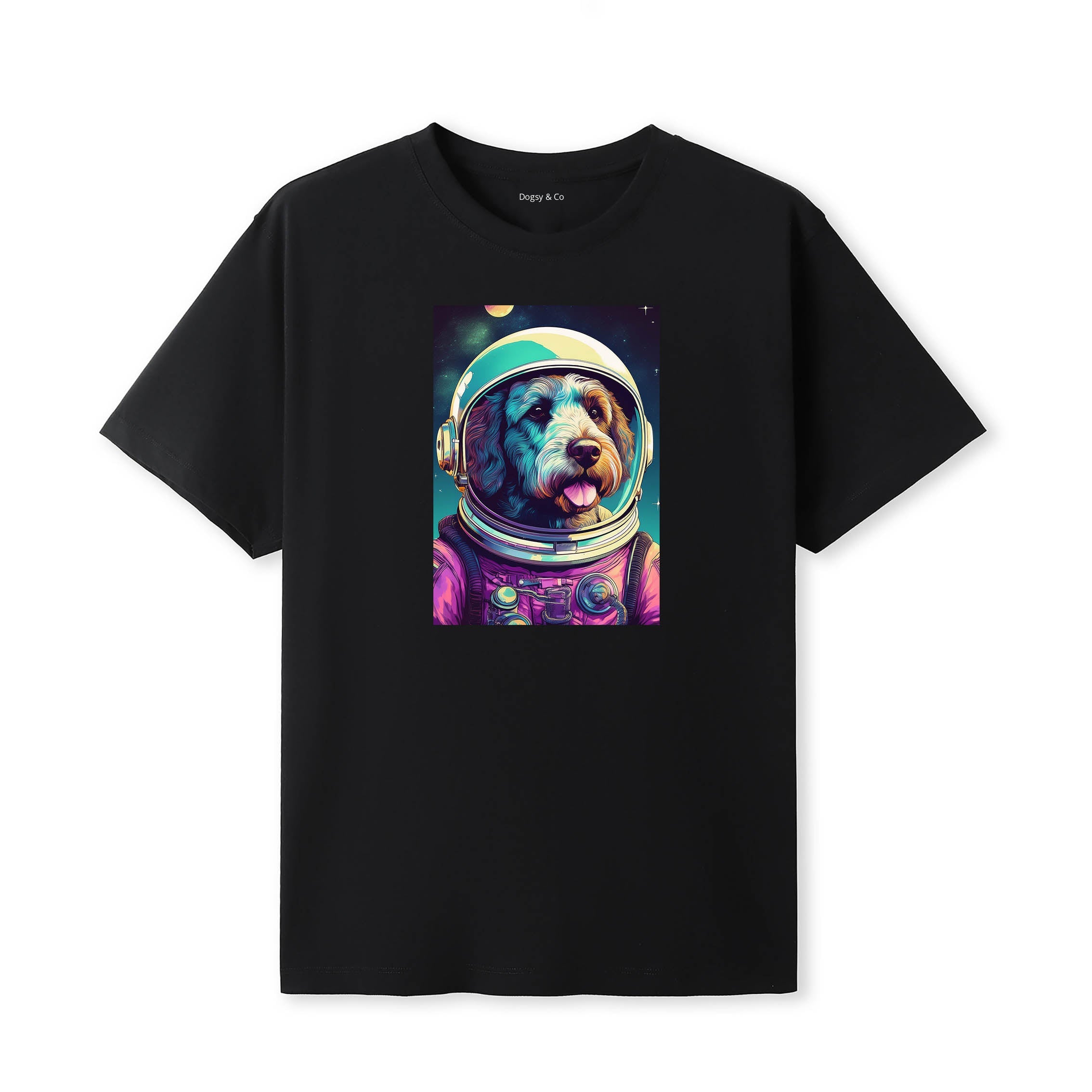 Spanish Water Dog Space Dogs T-Shirt colourful astronaut dog artwork in a retro space design