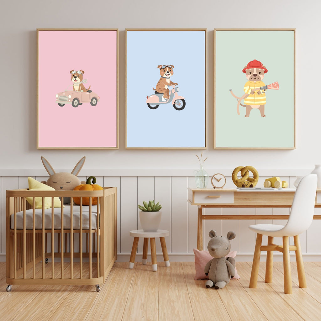 Staffordshire Bull Terrier Kids Nursery Wall Art Print Bundle — 22 Dog Costume Designs, 5 Colours, 6 Print Sizes | Digital Download