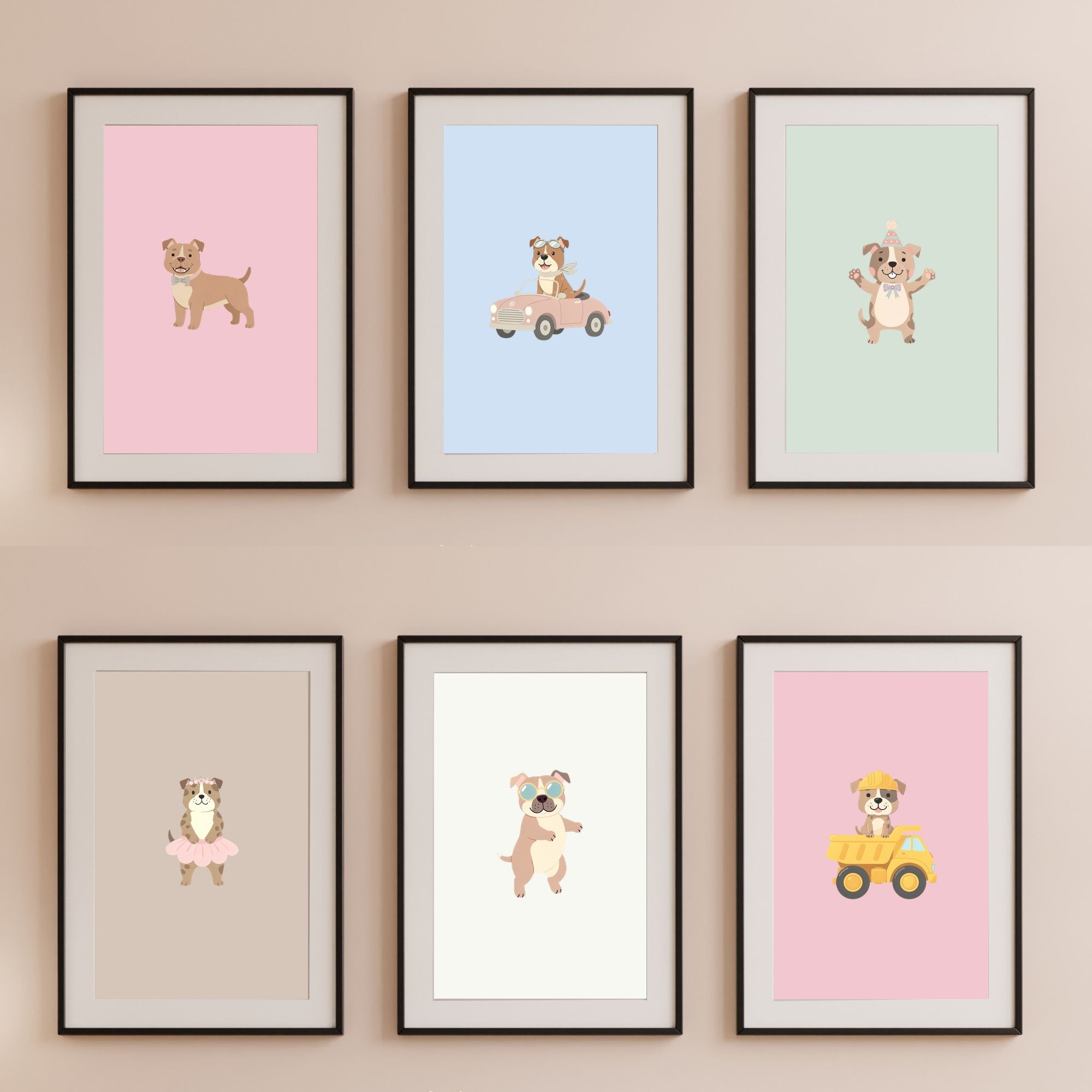 Staffordshire Bull Terrier Kids Nursery Wall Art Print Bundle — 22 Dog Costume Designs, 5 Colours, 6 Print Sizes | Digital Download