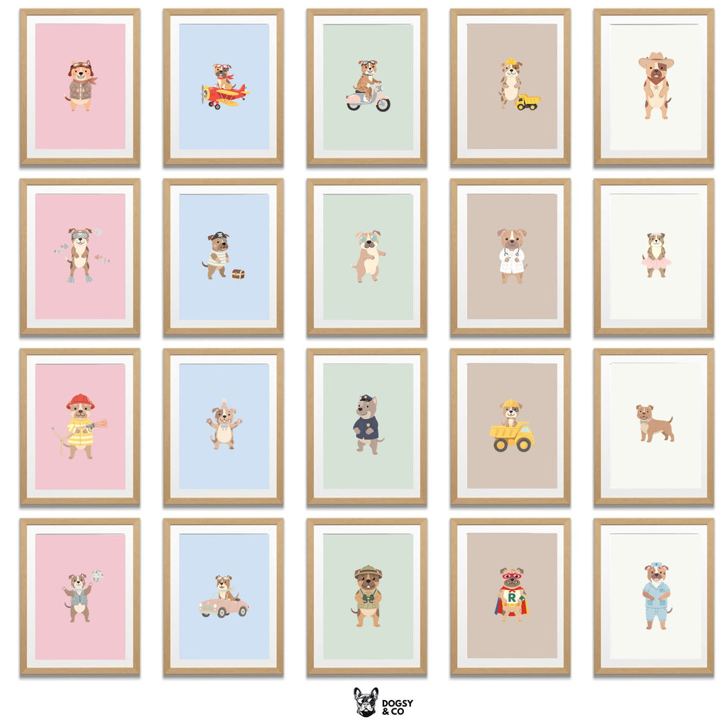Staffordshire Bull Terrier Kids Nursery Wall Art Print Bundle — 22 Dog Costume Designs, 5 Colours, 6 Print Sizes | Digital Download