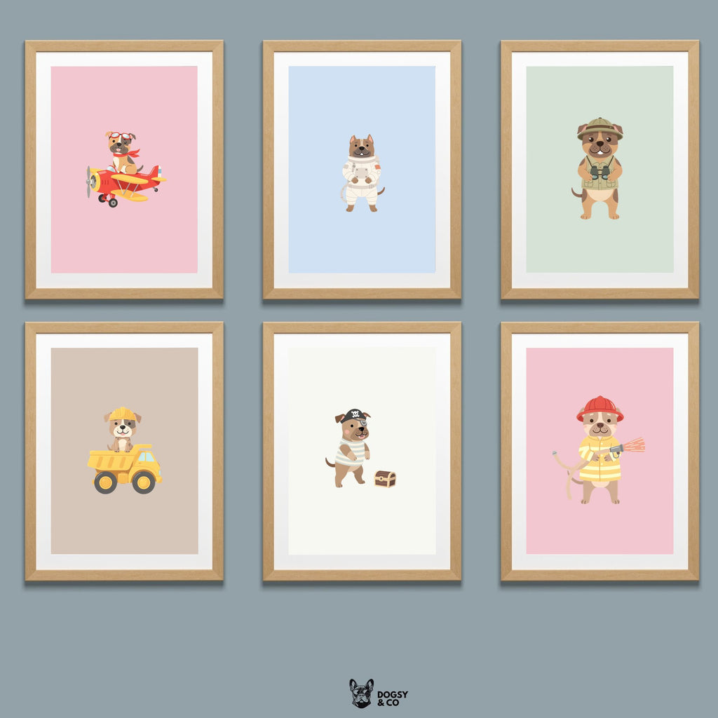 Staffordshire Bull Terrier Kids Nursery Wall Art Print Bundle — 22 Dog Costume Designs, 5 Colours, 6 Print Sizes | Digital Download