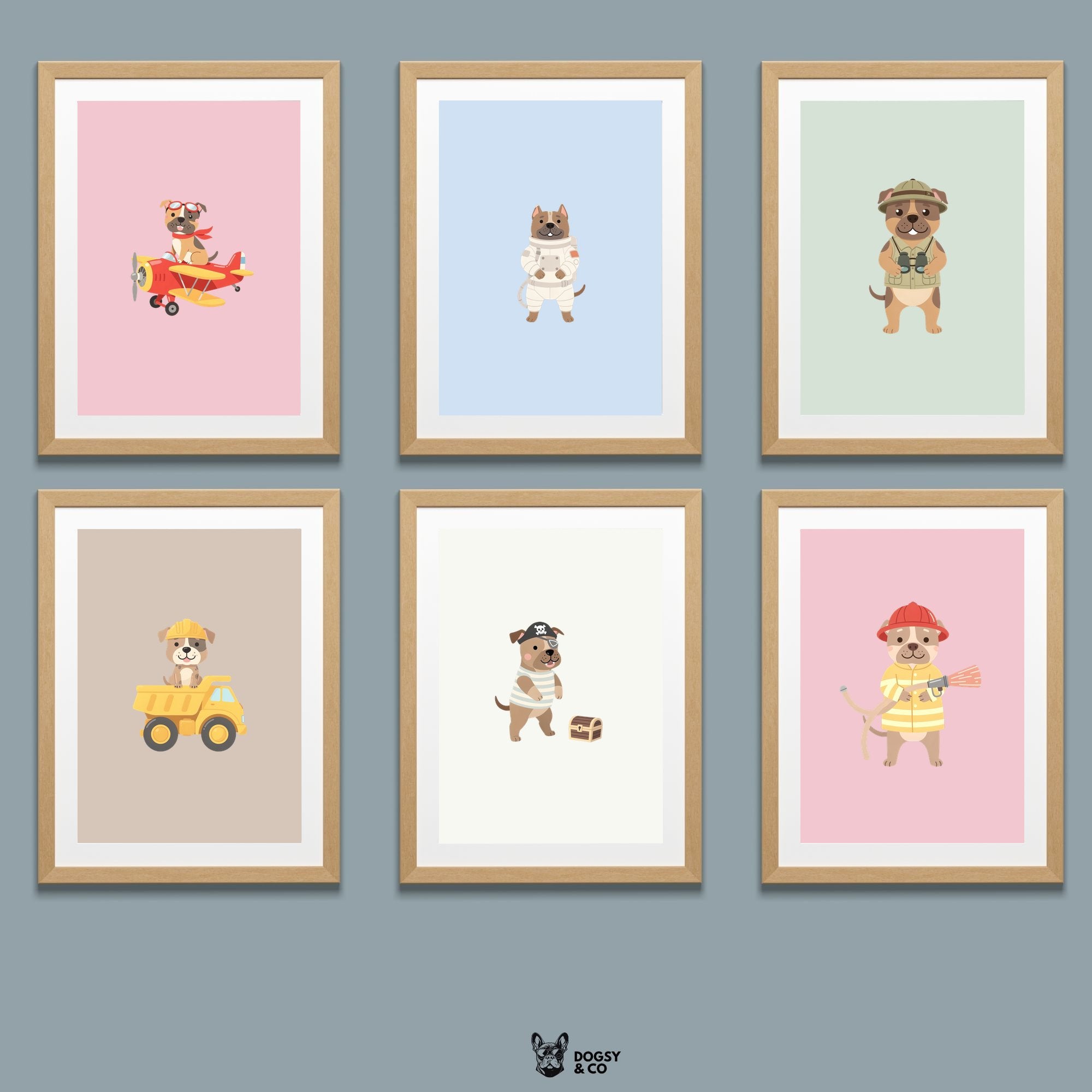 Staffordshire Bull Terrier Kids Nursery Wall Art Print Bundle — 22 Dog Costume Designs, 5 Colours, 6 Print Sizes | Digital Download