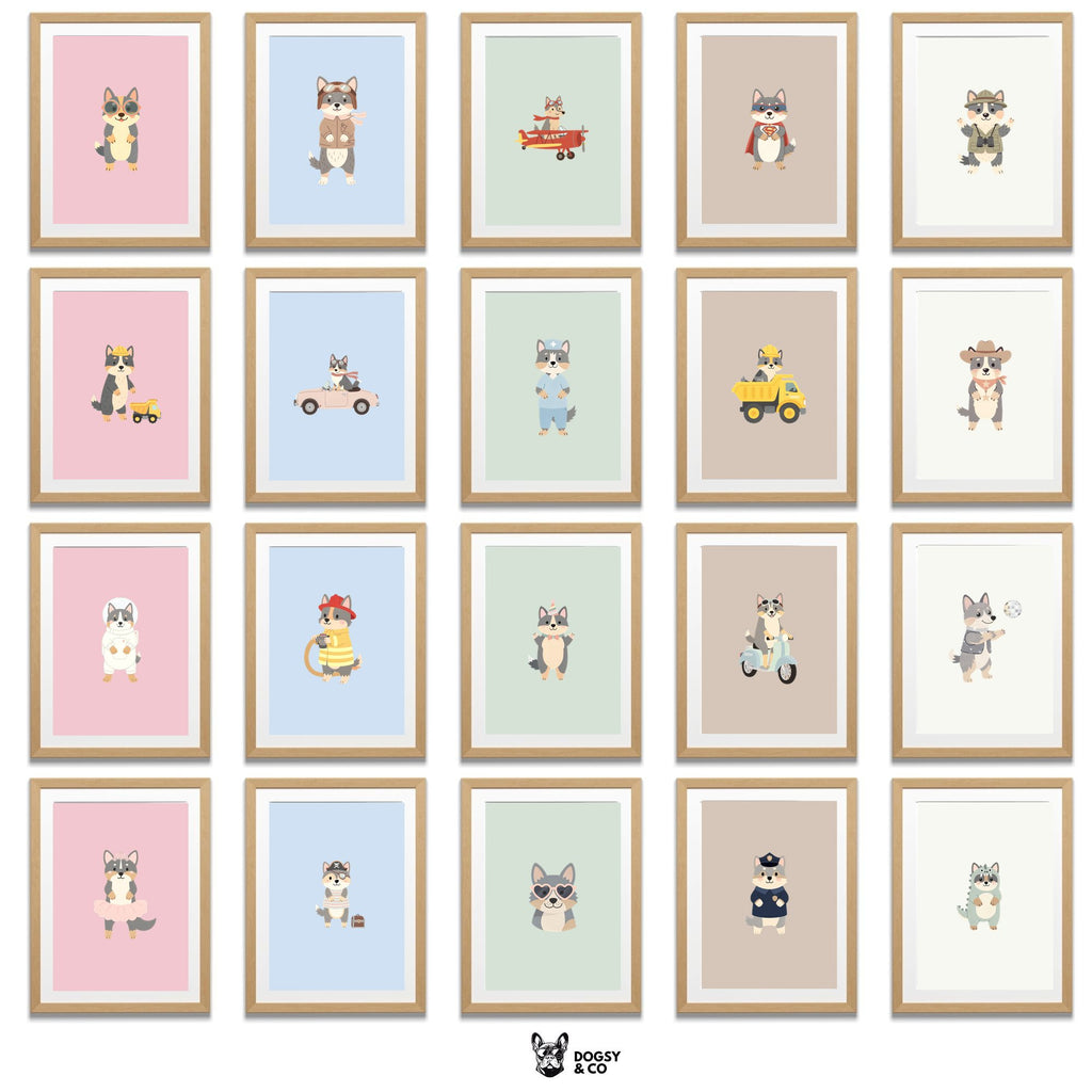 Swedish Vallhund Kids Nursery Wall Art Print Bundle — 22 Dog Costume Designs, 5 Colours, 6 Print Sizes | Digital Download