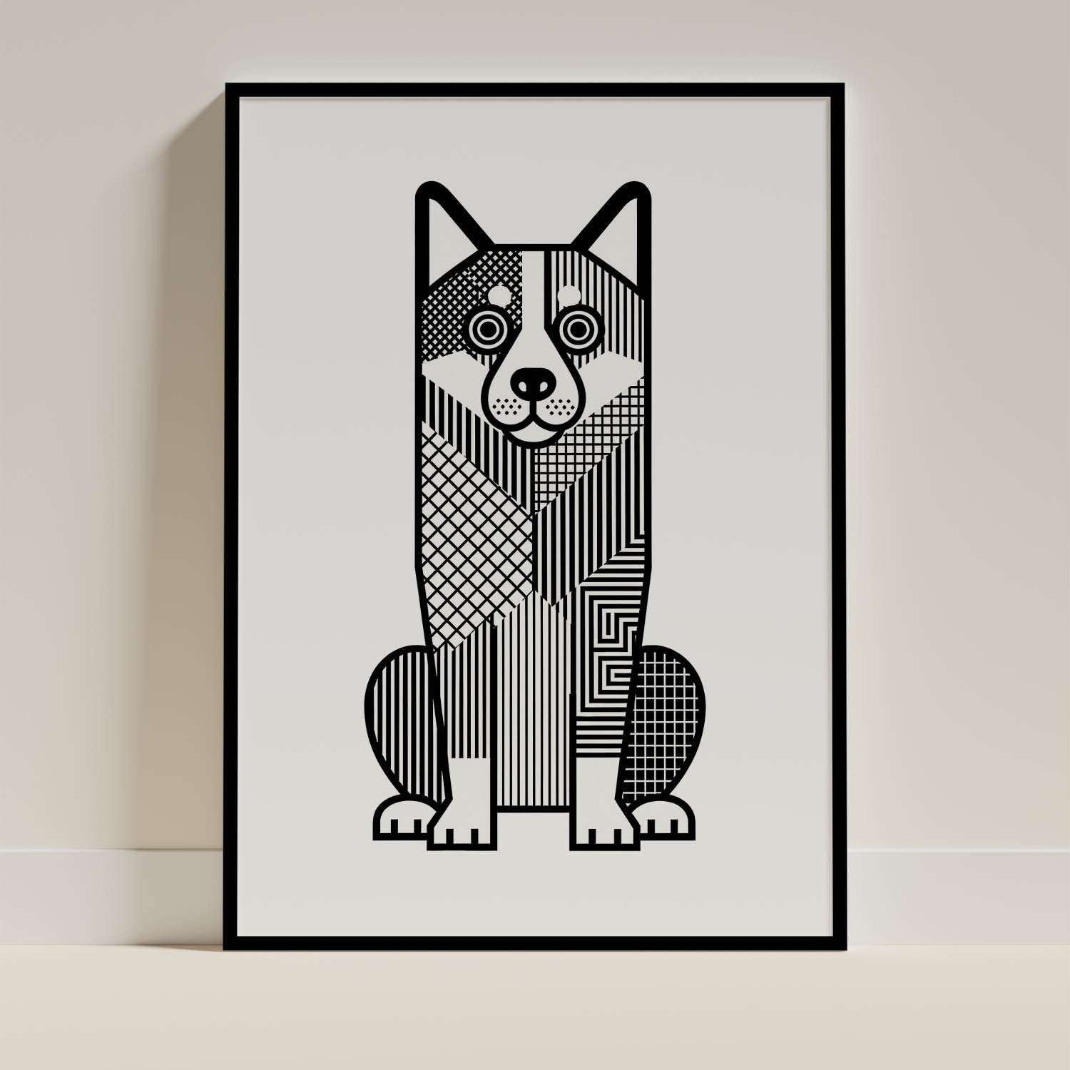 Swedish Vallhund Geometric Line Art Print - Framed Mockup