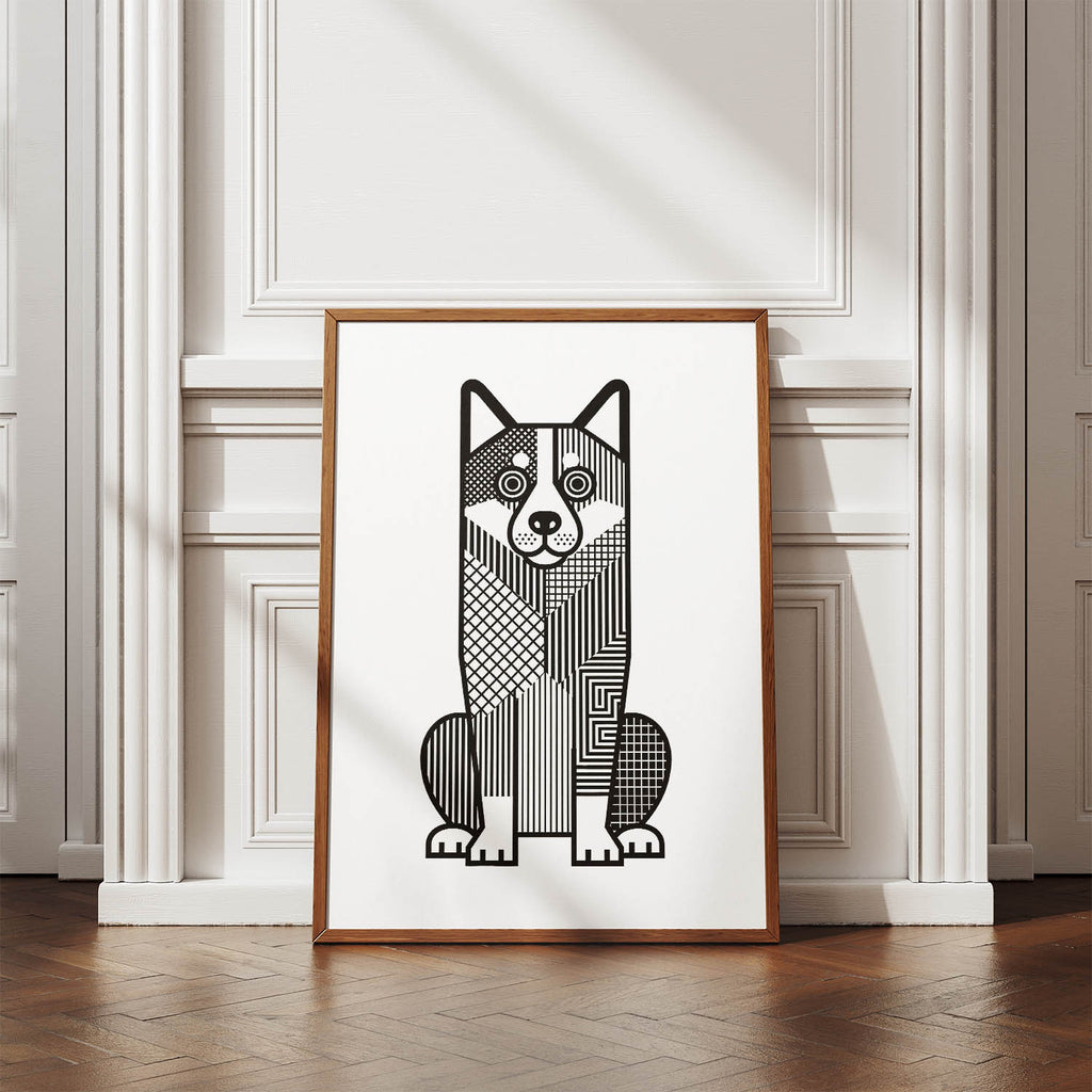 Swedish Vallhund Geometric Line Art Print - Framed Mockup
