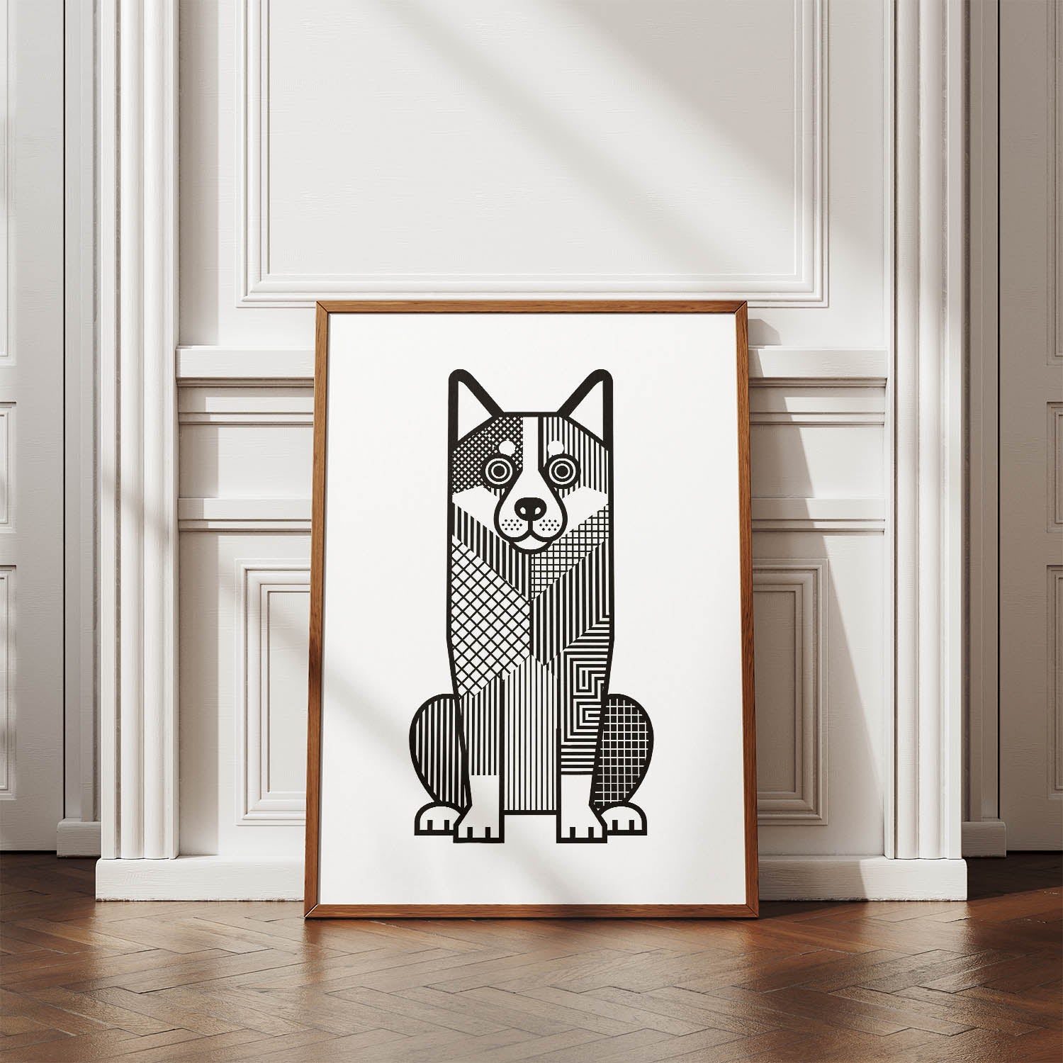 Swedish Vallhund Geometric Line Art Print - Framed Mockup
