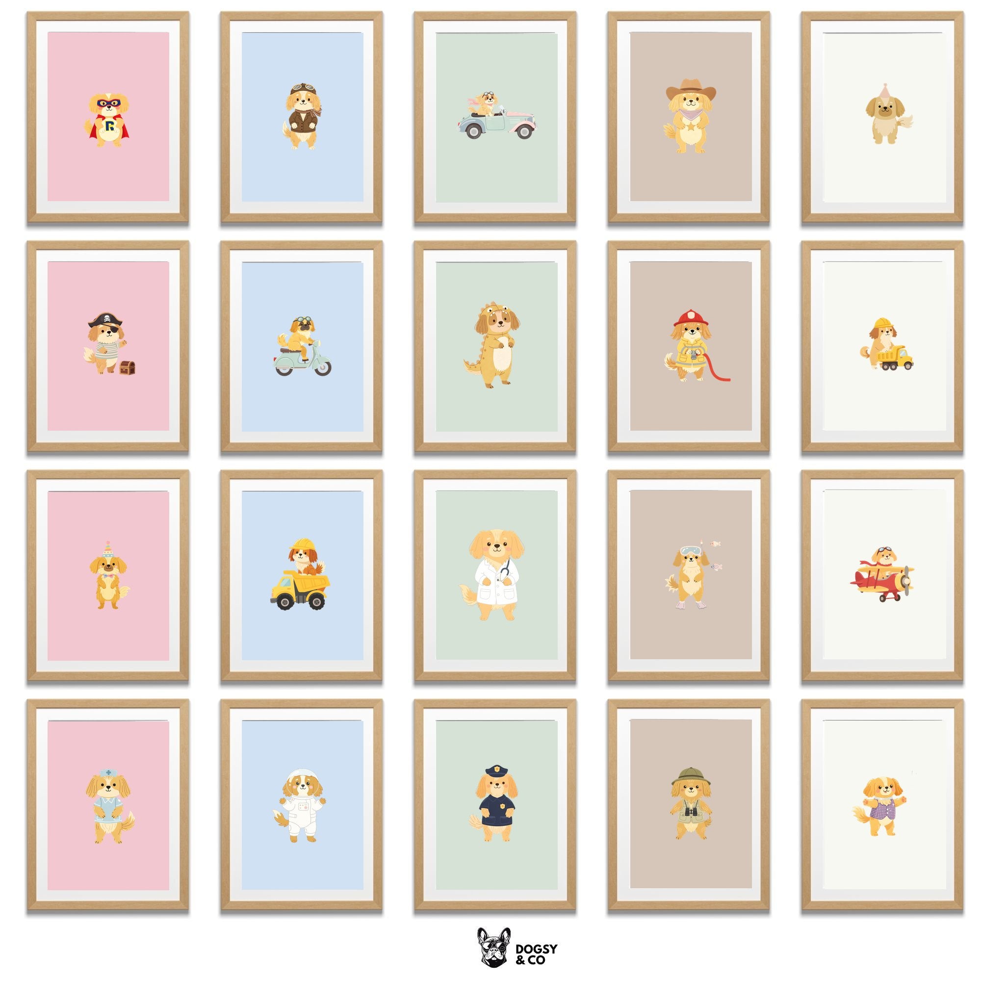 Tibetan Spaniel Kids Nursery Wall Art Print Bundle — 22 Dog Costume Designs, 5 Colours, 6 Print Sizes | Digital Download
