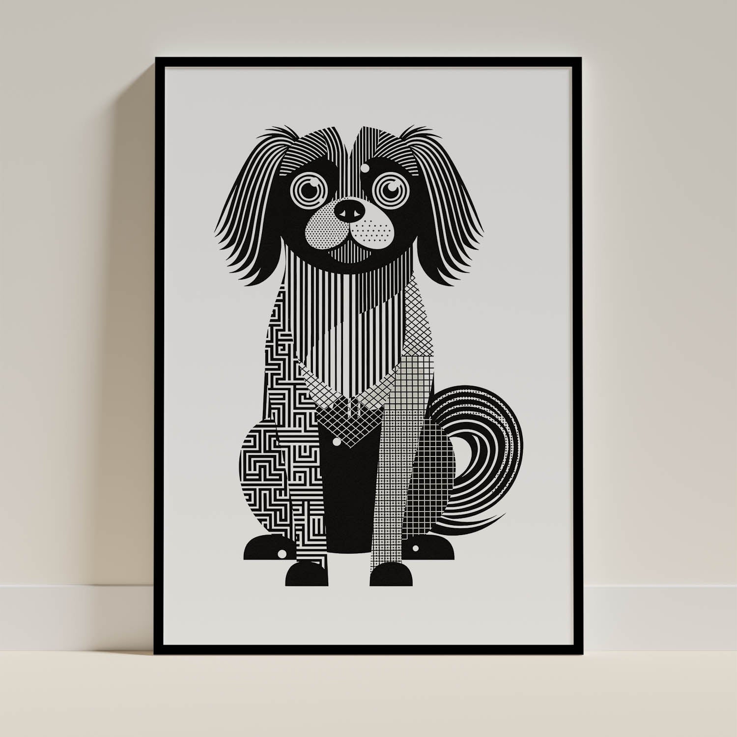 Tibetan Spaniel Geometric Line Art - Black Frame Mockup